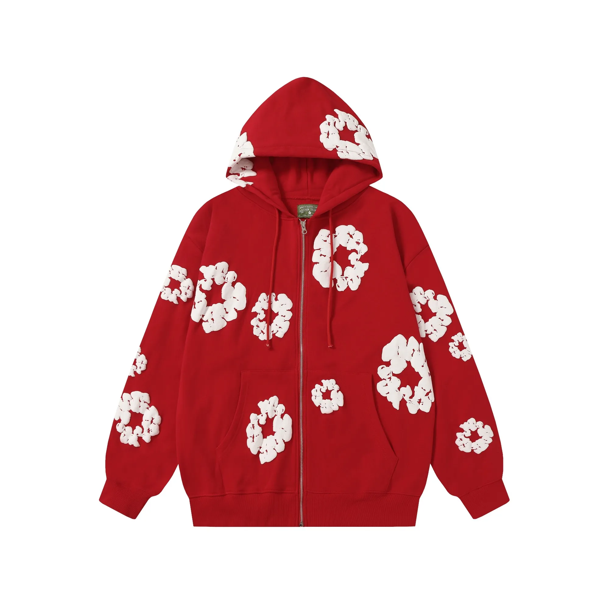 16 colors DENIM TEARS Kapok European and American trendy brand high-quality foam printed hooded sweatshirt jacket. Terry fabric weighs 380 grams. Threads are customized and dyed in the same color. Color Black Gray Blue Green Royal Blue Purple Red Orange Colorful Blue Pink White Sky Blue Brown Carbon Gray Black Gray White White Size S-XL